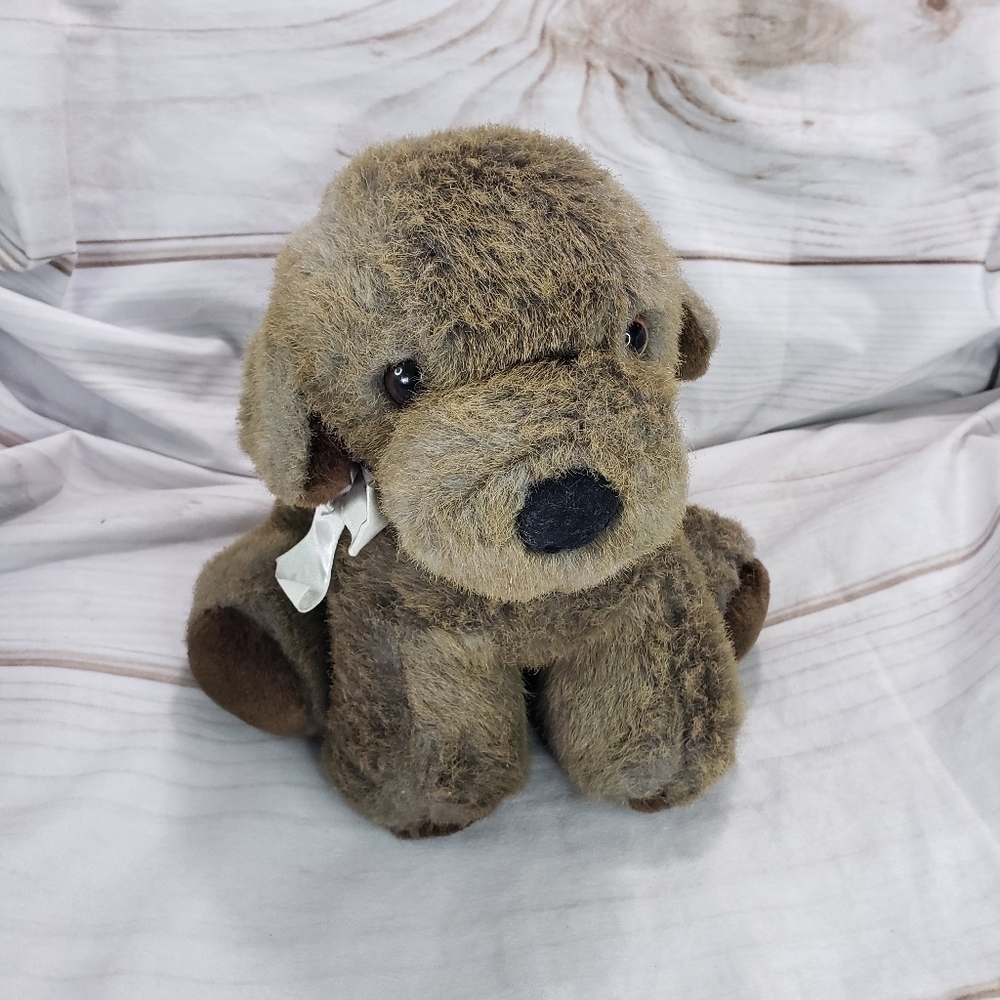 Vintage Dakin Brown Puppy Dog 9 Inch Plush Stuffed Animal 1986 Satin Bow Sitting